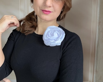 Handmade White Silk Rose Brooch – Satin Flower Pin, Bridal Accessory