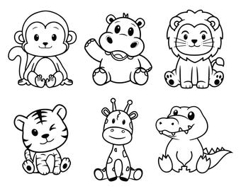 Safari animals outline SVG Cute african jungle animal cut file Cricut Silhouette Lion Tiger Hippo Giraffe Zebra Monkey Zoo Savanna Kids Baby