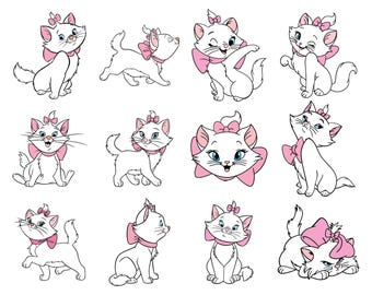 May include: Digital download of illustrations of a white cat with a pink bow. The cat is shown in different poses, with a pink bow on its head and neck. The text "TreasuresartFinds" is at the top, and "Digital Download" and file formats are at the bottom.