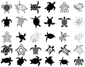 May include: A collection of black and white turtle illustrations in various styles. The image includes detailed outlines and solid silhouettes of turtles, with the text "TreasuresartFinds" and "Digital Download". File formats: SVG, PNG, PDF.
