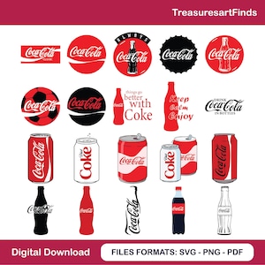 Puede incluir: Una colección de logotipos e ilustraciones de productos Coca-Cola en rojo, blanco y negro. Incluye varios diseños del logotipo de Coca-Cola, latas y botellas de refrescos. También está presente el texto "Digital Download" y "FILES FORMATS: SVG - PNG - PDF".
