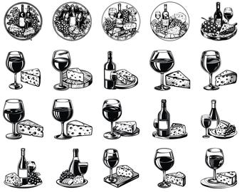 Wijn en kaas SVG, wijn SVG-bestanden, Vineyard SVG, Winery Bundle SVG, druif SVG, wijnproeverij SVG, Grapevine SVG, Instant Download