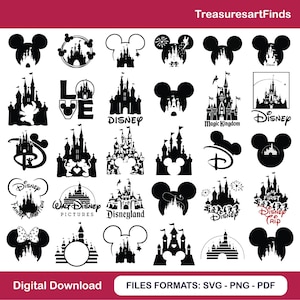 Könnte beinhalten: Eine Sammlung von schwarz-weißen Disney-Designs zum digitalen Download. Die Bilder zeigen Schloss-Silhouetten, Mickey Mouse-Ohren und Texte wie "Disney", "Magic Kingdom" und "Disneyland". Die Dateiformate sind SVG, PNG und PDF.