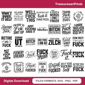 Pode incluir: Um design gráfico para download digital com vários designs baseados em texto com tipografia em negrito. As frases incluem ditos humorísticos e irreverentes, como "Fuck it" e "I'm here to fuck shit up." Os designs são em preto e branco.