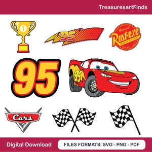 Puede incluir: Una colección de gráficos de dibujos animados con un trofeo dorado, el número 95 en amarillo y rojo, un coche de carreras rojo y banderas a cuadros. La imagen también incluye el texto "Cars", "Rust-eze Bumper Ointment" y "Digital Download".