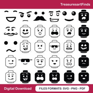 May include: A digital download graphic featuring various Lego-style faces and heads with different expressions. The image includes a variety of emotions, such as smiling, winking, and angry faces. The text "TreasuresartFinds" and "Digital Download" are also present.