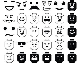 May include: A digital download graphic featuring various Lego-style faces and heads with different expressions. The image includes a variety of emotions, such as smiling, winking, and angry faces. The text "TreasuresartFinds" and "Digital Download" are also present.