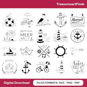 Könnte beinhalten: Eine Sammlung maritimer digitaler Designs in Schwarzweiß. Die Illustrationen zeigen Anker, Leuchttürme, Segelboote, Möwen und Texte wie "Hallo Summer" und "Meerzeit". Die Designs sind in den Formaten SVG, PNG und PDF verfügbar.
