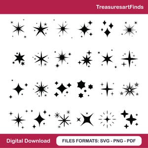 Può includere: Una collezione di grafiche nere a forma di scoppio di stelle in varie forme e dimensioni. L'immagine include il testo "TreasuresartFinds" in alto e "Digital Download" e "FILES FORMATS: SVG - PNG - PDF" in basso.