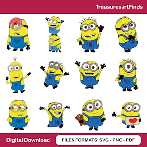 May include: A digital download featuring various cartoon Minion characters. The Minions are yellow with black gloves and shoes, wearing blue overalls. Some are waving, holding a teddy bear, or a heart. The text "TreasuresartFinds" and "Digital Download" are visible.