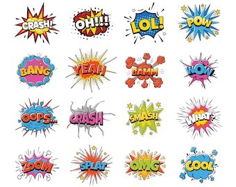 Comic Style Action Svg Bundle,Pop art text,Comic Cartoon Style,Comic Book clipart,Bundle of Comic Style Action Bubbles,Instant download,Png