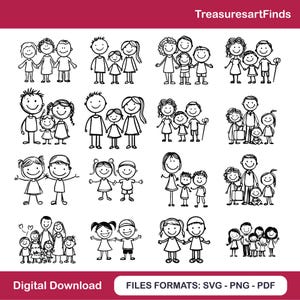 May include: A digital download graphic featuring various black and white stick figure family illustrations. The images depict parents and children holding hands, with different family sizes and arrangements. The text "TreasuresartFinds" is at the top.