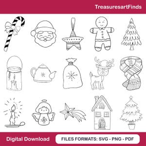 May include: Black and white line art illustrations of Christmas-themed objects, including a candy cane, Santa Claus, star ornament, gingerbread man, Christmas tree, lantern, teapot, gift bag, reindeer, scarf, candle, angel, shooting star, house, and potted tree. The text "TreasuresartFinds" and "Digital Download" are also present.