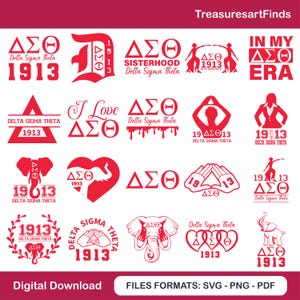 May include: A collection of red Delta Sigma Theta sorority graphics. The designs include the Greek letters ΔΣΘ, the year 1913, and various symbols like elephants, hearts, and silhouettes. The words "Sisterhood" and "Digital Download" are also visible.