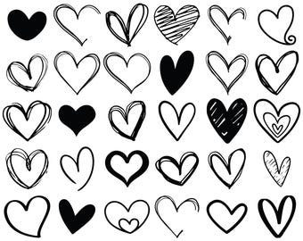 Pacchetto SVG di cuori, SVG di scarabocchi di cuori, SVG di cuori disegnati a mano, Clipart di cuori, SVG di cuori di San Valentino, Download istantaneo, SVG di amore, Clipart di amore