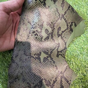 Peut inclure: Un morceau de cuir vert olive avec un motif peau de serpent. Le cuir a une surface textur&eacute;e avec des marques marron fonc&eacute; et noires. Le mat&eacute;riau est pr&eacute;sent&eacute; sur un fond d'herbe verte.