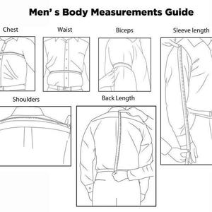 Peut inclure: Un diagramme en noir et blanc intitul&eacute; &laquo; Guide des mensurations masculines &raquo;. Le guide illustre comment mesurer la poitrine, la taille, les biceps, la longueur des manches, les &eacute;paules et la longueur du dos. Chaque mesure est montr&eacute;e avec une personne portant une chemise boutonn&eacute;e.