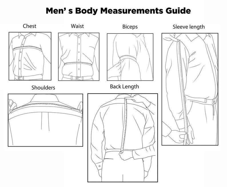 Peut inclure: Un diagramme en noir et blanc intitul&eacute; &laquo; Guide des mensurations masculines &raquo;. Le guide illustre comment mesurer la poitrine, la taille, les biceps, la longueur des manches, les &eacute;paules et la longueur du dos. Chaque mesure est montr&eacute;e avec une personne portant une chemise boutonn&eacute;e.