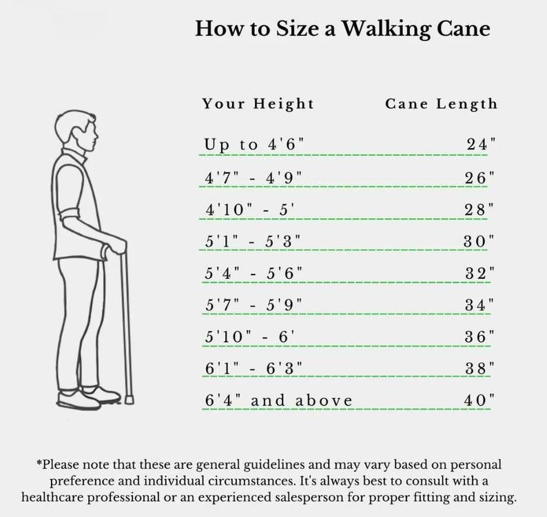 Acrylic Walking Stick Cane Size Chart