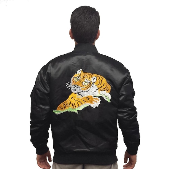 Rocky Style Black Bomber Jacket with Tiger Back Handmade Custom Satin or Polyester