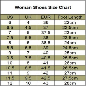 May include: A shoe size chart for women, displaying US, UK, and EUR sizes, along with corresponding foot lengths in centimeters. The chart ranges from US size 6 to 12, with foot lengths from 22cm to 28cm.