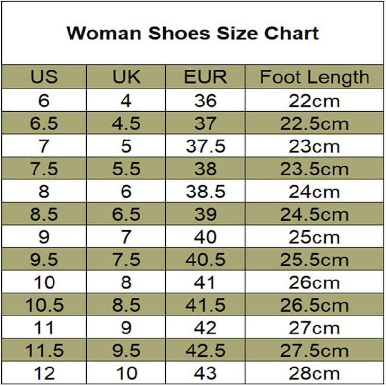 May include: A shoe size chart for women, displaying US, UK, and EUR sizes, along with corresponding foot lengths in centimeters. The chart ranges from US size 6 to 12, with foot lengths from 22cm to 28cm.