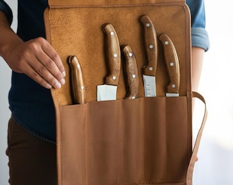 Handmade Leather Chef Knife Roll – 3 or 5 Slot Kitchen Storage