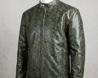 Luksusowa zielona skórzana kurtka z nadrukiem w pytona, motocyklowa, Cafe Racer, męska i damska, skóra jagnięca, bydlęca, streetwear