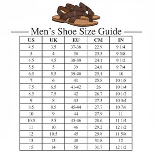 May include: A shoe size guide for men, featuring a pair of brown sandals at the top. The chart provides size conversions for US, UK, EU, centimeters, and inches. Sizes range from US 4.5 to 15, with corresponding EU sizes from 37-38 to 50.