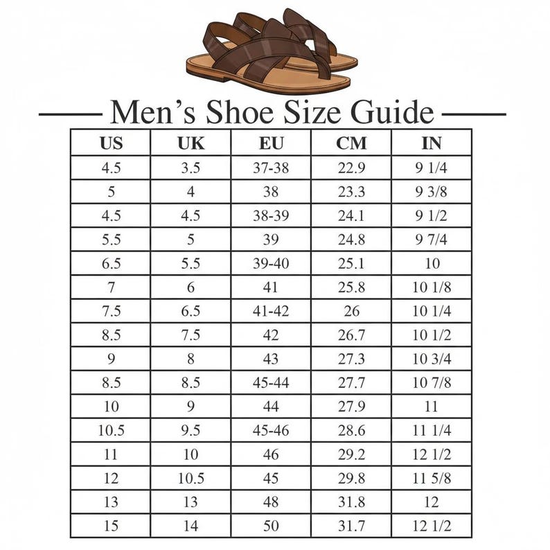 May include: A shoe size guide for men, featuring a pair of brown sandals at the top. The chart provides size conversions for US, UK, EU, centimeters, and inches. Sizes range from US 4.5 to 15, with corresponding EU sizes from 37-38 to 50.