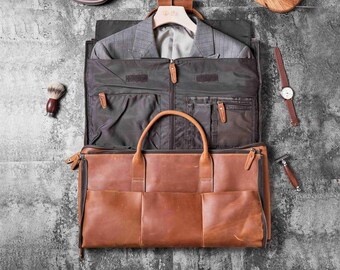 Personalized Leather Garment Duffel Bag, Crocodile Embossed or Cowhide Weekender Travel Suit Bag