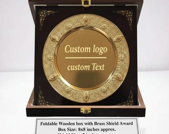 Personalized Foldable Brass Shield Plaque in Wooden Box | Custom Logo & Text Display Souvenir
