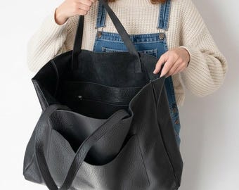 Torba typu tote z kieszenią | Skóra bydlęca licowa i skóra wegańska