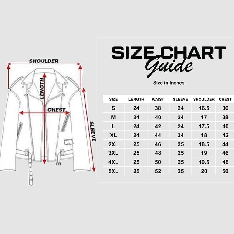Peut inclure: Diagramme d'une veste en cuir blanche avec des mesures de longueur, de taille, de manche, d'&eacute;paule et de poitrine. Le guide des tailles est en pouces, avec des tailles allant de S &agrave; 5XL.