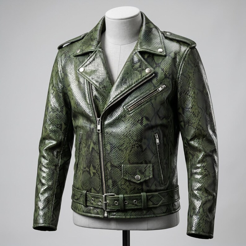 Peut inclure: Veste de motard en cuir vert &agrave; motif peau de serpent. Elle pr&eacute;sente un col crant&eacute;, une fermeture &eacute;clair asym&eacute;trique, plusieurs poches zipp&eacute;es et une taille ceintur&eacute;e. La veste est pr&eacute;sent&eacute;e sur un mannequin.
