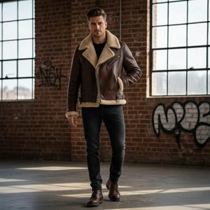 Men&#39;s Brown Shearling Leather Jacket | Handmade Winter leather Coat