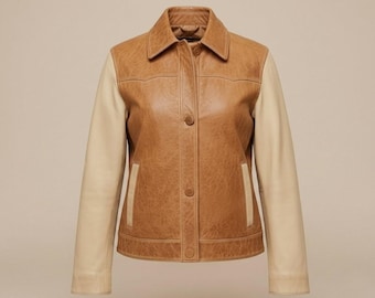 Women’s Two Tone Genuine Leather Jacket | Brown & Cream Leather Coat
