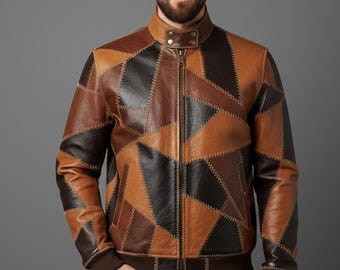 Oversized Patchwork Leather Bomber Jacket – Unisex Relaxed Fit 