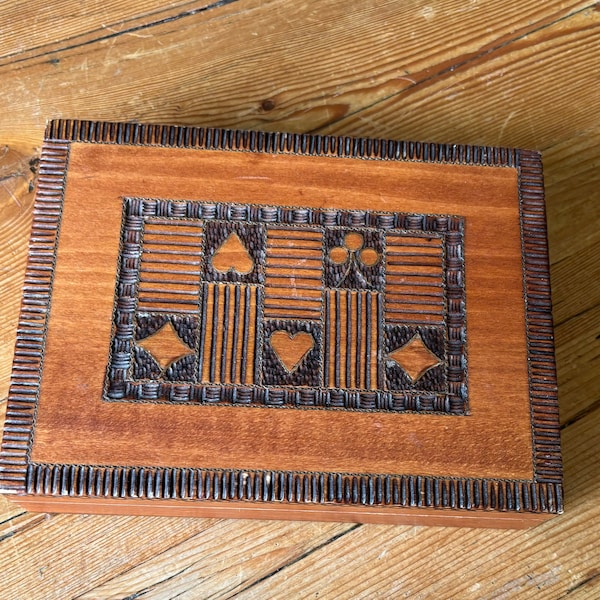 Vintage Handcarved playing card box, hinged lid, inlaid details, holds two decks of playing cards, gift for Dad, gift for card players