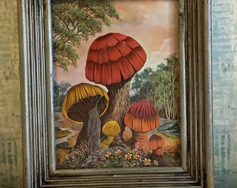Vintage mushroom garden wall art print in vintage solid wood distressed frame. Red Orange Yellow,