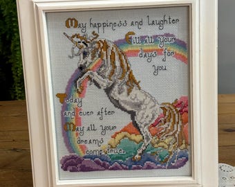 Cross-stitch Unicorn, Vintage handmade embroidered on light blue Aida cloth, Prancing Unicorn, Pastel Rainbow and Clouds, Framed under glass