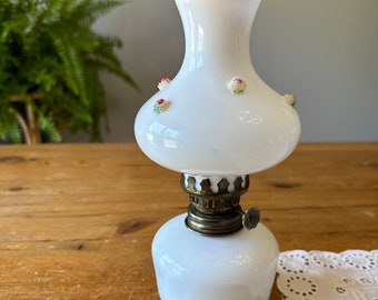 Milk glass and Roses Miniature Hurricane lamp, Oil Lamp, Wick Burning Lamp, Vintage Oil Lamp. 7 1/2” tall.