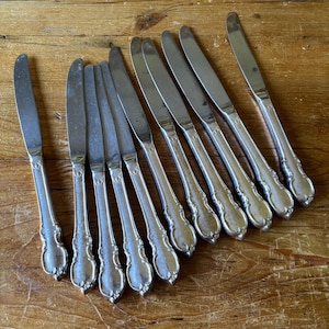 May include: A collection of ten silver-colored dinner knives with ornate handles. The knives are arranged diagonally on a wooden surface, showcasing their polished blades and decorative detailing. The handles feature a floral design.