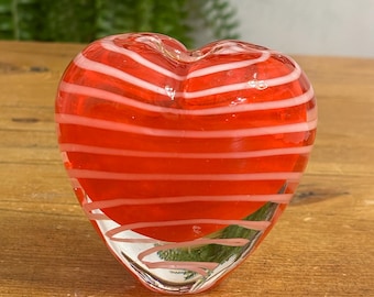 Murano Style Red and White Striped Art Glass Heart Shaped Bud Vase