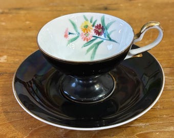 UCAGCO Teacup Saucer Set Porcelain Black Handpainted florals Gold Edge Made in Occupied Japan
