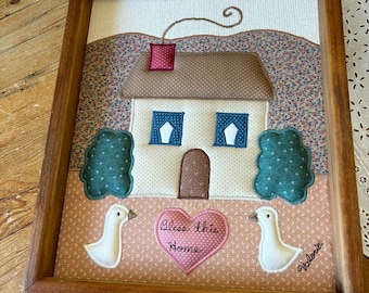 Vintage Hand made quilted wall art, Valories Folk Art Applique Quilted Country Home Farmhouse in solid wood frame, Bless This Home