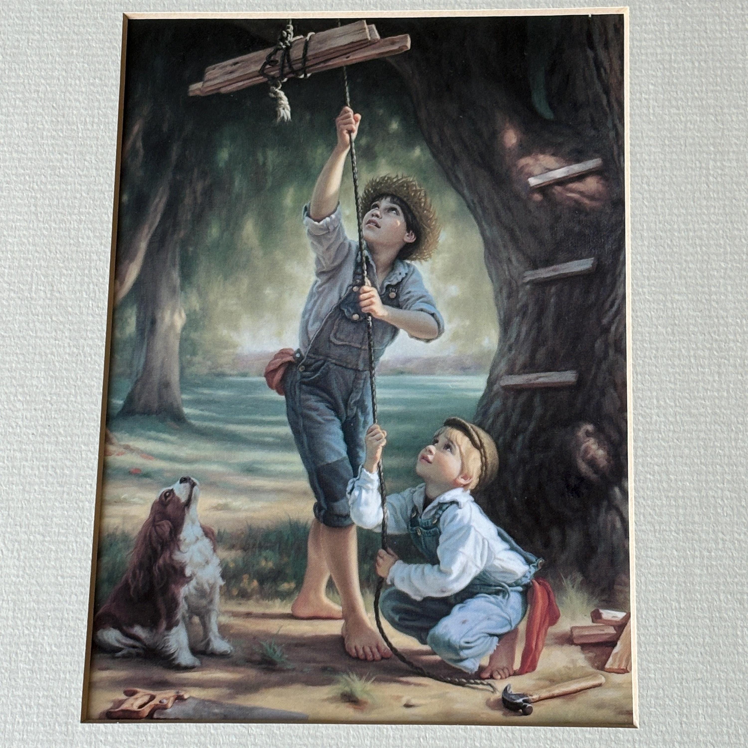 Mark Arian Treehouse, Vintage Print, Two Boys Building a Treehouse, 1996 print, Art in Motion, Inc, framed under glass in silver frame.