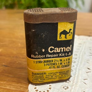 Vintage Camel Tube Tire Rubber Repair Kit, For Patching Rubber Articles, Rusty Tin, H.B. Egan Manufacturing Company, contents inside.