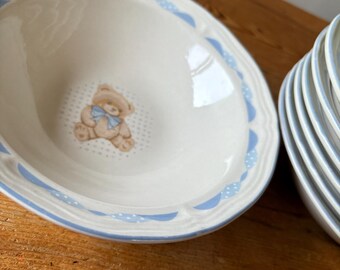 Vintage Country Bear Collection, Tienshan Teddy Bear Bowls, Set of 8 soup/cereal bowls. Stoneware dishes.