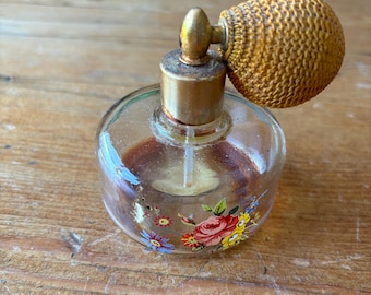 Vintage W.B. Co. glass perfume bottle atomizer with hand-painted flowers, glass, Holmspray 450/12.